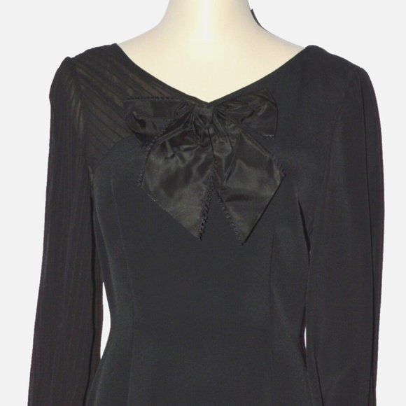 ALBERT NIPON NEW SZ 4 S SMALL BLACK ONE SHOULDER SLEEVE SHEER DRESS BOW DECOR - Picture 6 of 11